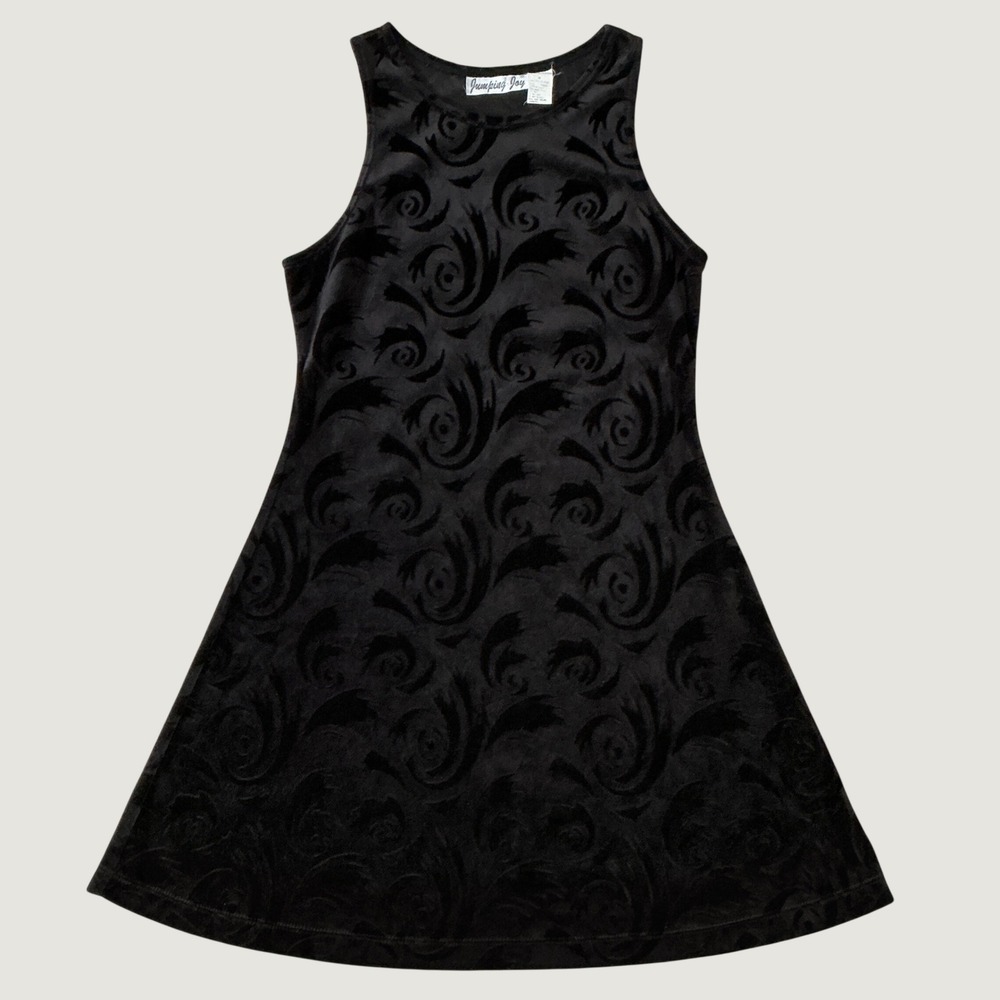 Vintage 90s Black Velvet Swirl Dress Mini A-Line Jumping Joy Size Medium